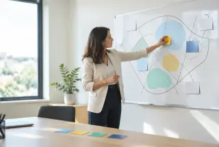 Consultante en stratégie marketing positionnant des fiches vierges sur une carte du marché dans un bureau lumineux.